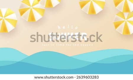 Top view beach background with yellow umbrellas and ocean waves under soft pastel tones. Ideal for summer designs and vacation promotions.
