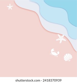 El fondo de la playa con vistas al mar. sandalias, zumos, pez estrella y mar. vista aérea de la playa de verano en estilo artesanal de papel. corte de papel y estilo artesanal. vector.