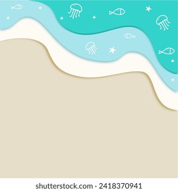 Top view beach background.sandals,juice,starfish and sea. aerial view of summer beach in paper craft style.paper cut and craft style. vector.