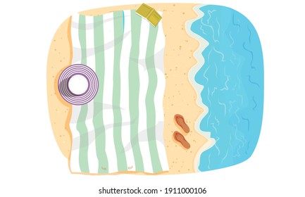 Top view of the beach. Blanket on the sandy beach. A place for sunbathing. Reading a book in nature. Summer vacation. Holidays at sea. Flat vector illustration
