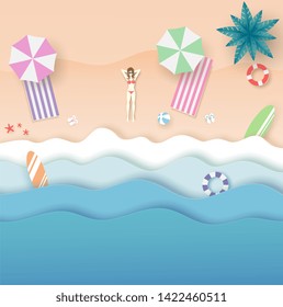 Top view beach and blue sea with woman in bikini set, sea wave, umbrellas, surfboard, swim ring and boat in summer day. vector paper art concept