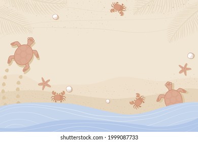 Top view of the beach, bright colors, sea creatures walking on the sand The blue sea washes into shore.