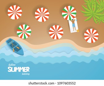Top view of beach with
Colorful Umbrella,Sandals,Life ring, Snorkel and Man Sunbathe in summer season,vector and illustration.