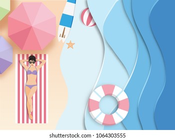 top view beach  with girl and umbrellas. aerial view of summer beach in paper art style.paper cut and candy color style.