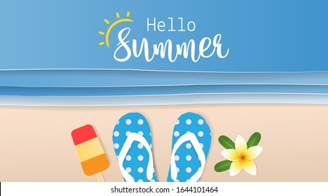 Top view of the beach with hello summer text, plumeria flower, sandals and ice cream. Paper art style