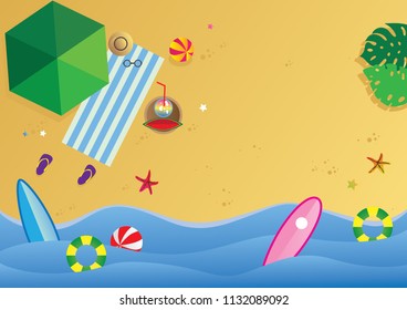 top view beach illustration background with umbrellas, balls, sunglasses, surfboard,  hat, sandals, juice, watermelon, banana, starfish and sea. poster for summer or invitation card, vector eps 10