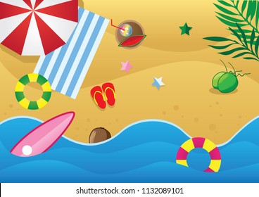 top view beach illustration background with umbrellas, balls, sunglasses, surfboard,  hat, sandals, juice, watermelon, banana, starfish and sea. poster for summer or invitation card, vector eps 10