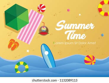 top view beach illustration background with umbrellas, balls, sunglasses, surfboard,  hat, sandals, juice, watermelon, banana, starfish and sea. poster for summer or invitation card, vector eps 10