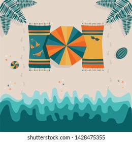 Top view beach illustration with umbrellas, sunglasses, watermelon, juice, starfish and sea. Modern print for summer vacation postcard, poster, greeting card. Flat design. Colorful holiday wallpaper.