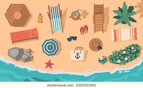 Vista Superior De Los Artículos De Playa. Toallas Coloridas, Paraguas De Playa, Colchón, Bolsa, Gafas De Sol, Flip Flops Y Una Bebida Fría