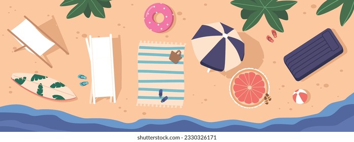 Top View Of Beach Items, Inflatable Ring, Umbrella, Beach Chair, Towel, And Beach Ball, Sup Board, Flippers On Sand