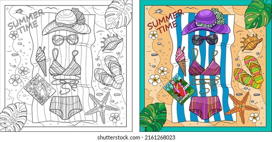 
Top view of a beach resort by the sea with the message "Summer time" in trendy background color with tropical leaves, sunglasses, swimsuit, hat and slippers. Illustration for coloring.