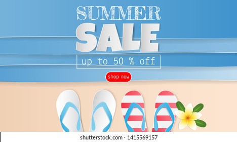 Top view of the beach with sandals. Paper art of summer sale concept for discount promotion