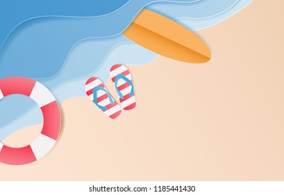 Top view of the beach with sandals, surfboard,Swim Tube. Summer background, Paper art style. Vector illustration