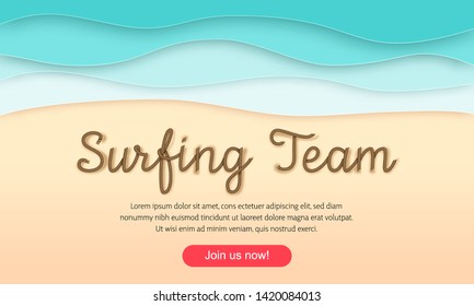 Top view beach scene background in a paper cut style with rope lettering Surfing Team. Vector illustration EPS10.