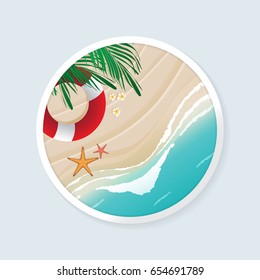 Top view of beach scene with coconut leaves, flowers, lifebuoy and starfishes in white circle frame. Vector illustration of seascape.