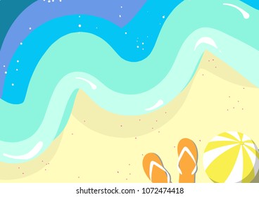 Top view of beach with sea surf, ball and flip flop in colorful color. Vector illustration background design for Summer. 