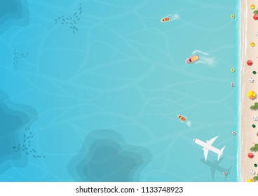 Top view of beach and sea with umbrella vector