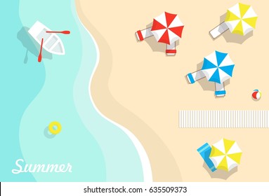 Top view of beach, sea, beach umbrellas and boats