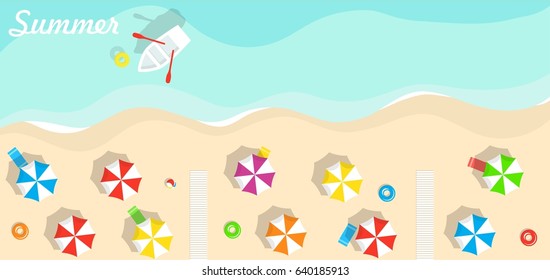 Top view of beach, sea, beach umbrellas and boats