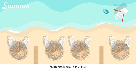 Top view of beach, sea, beach umbrellas and boats