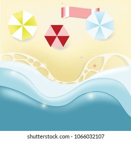 Top view beach and sea wave with colorful umbrellas