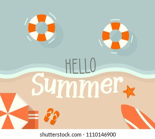 Top view of beach shore cheerful retro design with Hello Summer message. With objects like starfish, flip flops, surf board, umbrella, towel, swim safety ring. Vector illustration design