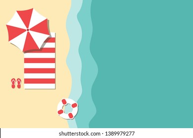 Top view beach shoreline with flat design water and holiday equipment.