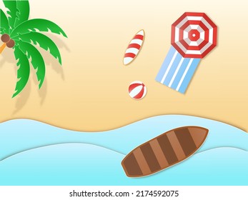 Top View Of Beach Side Background With Coconut Tree, Umbrella, Surfboard, Ball And Sunbed.