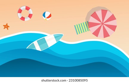Top view beach Summer background, Vector cartoon style background of sea shore. Good sunny day.