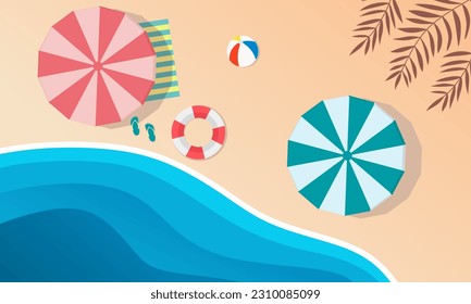 La playa de fondo de verano con vista superior, fondo de dibujos animados vectores de la orilla del mar. Buen día soleado.