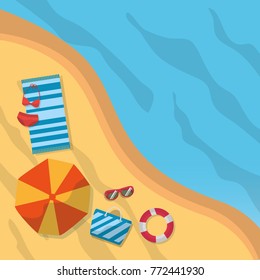 top view beach summer towel bikini umbrella sunglasses bag
