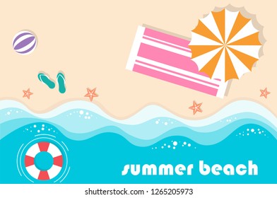 Top view of the beach in summer. Vector illustration in trendy flat design. Background copy space for text.