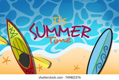 Top view of the beach with text " It's SUMMER time" and stuff on the beach - ball, towel, slipper,star fish, hand bag, canoe, boat, beach umbrella in sunny summer day vector