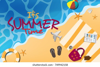 Top view of the beach with text " It's SUMMER time" and stuff on the beach - ball, towel, slipper,star fish, hand bag, canoe, boat, beach umbrella in sunny summer day vector