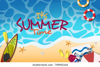 Top view of the beach with text " It's SUMMER time" and stuff on the beach - ball, towel, slipper,star fish, hand bag, canoe, boat, beach umbrella in sunny summer day vector