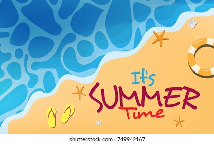 Top view of the beach with text " It's SUMMER time" and stuff on the beach - ball, towel, slipper,star fish, hand bag, canoe, boat, beach umbrella in sunny summer day vector