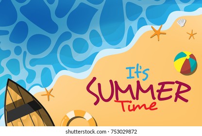 Top view of the beach with text " It's SUMMER time" and stuff on the beach - ball, towel, slipper,star fish, hand bag, canoe, boat, beach umbrella in sunny summer day vector