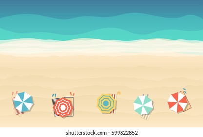 top view of beach umbrella in flat icon design at sea background (vector)