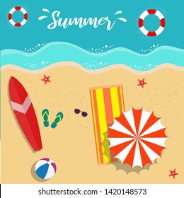 Top view beach with umbrella, starfish, surfboard, sandals, glasses, ball,etc. Summer holiday background vector illustration.