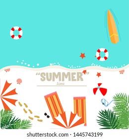 top view beach with umbrella,ball,sufboard,sunglasses,shells,ring,palm leaf,and sea with a flat vector style