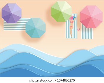 top view beach  with umbrellas. aerial view of summer beach in paper art style.paper cut and candy color style.