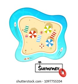 Top view beach with umbrellas, balls, starfish and sea. Aerial view of summer beach in paper craft style. Vector illustration