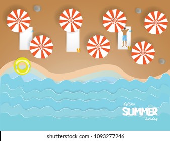 Top view of beach with Umbrella,Sandals,Life ring, Snorkel and Man Sunbathe in summer season,vector and illustration.