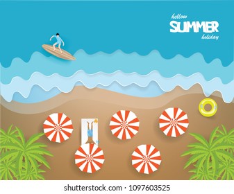 Top view of beach with Umbrella,Sandals,Life ring, Snorkel and Man Sunbathe, People are playing surfboard in the sea summertime season concept ,vector and illustration.
