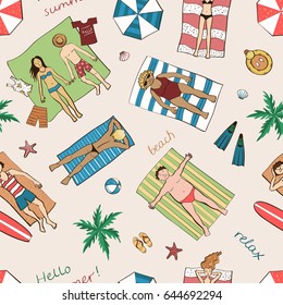 Top view of the beach. Vector color pattern. Funny pictures summer vacation. 
