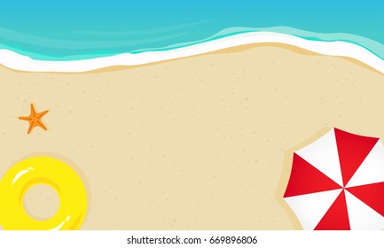 Top view of beach with waves, umbrellas, starfish and yellow rubber ring. Summer background vector illustration.