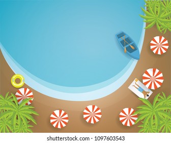 Top view of Beautiful beach with RED Umbrella,Sandals,Life ring, Snorkel and Man Sunbathe in summer season,vector and illustration.