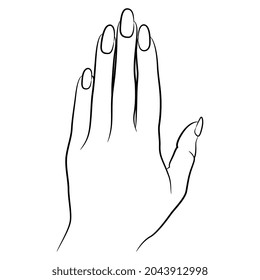 Top view of a beautiful female hand with long nails. Black and white linear silhouette. Cartoon style.