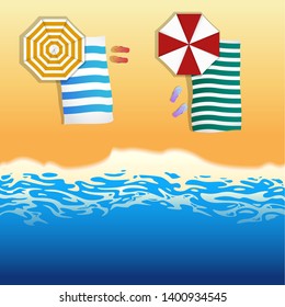 top view beautiful sea beach background with umbrellas, and sandals. holiday vector illustration